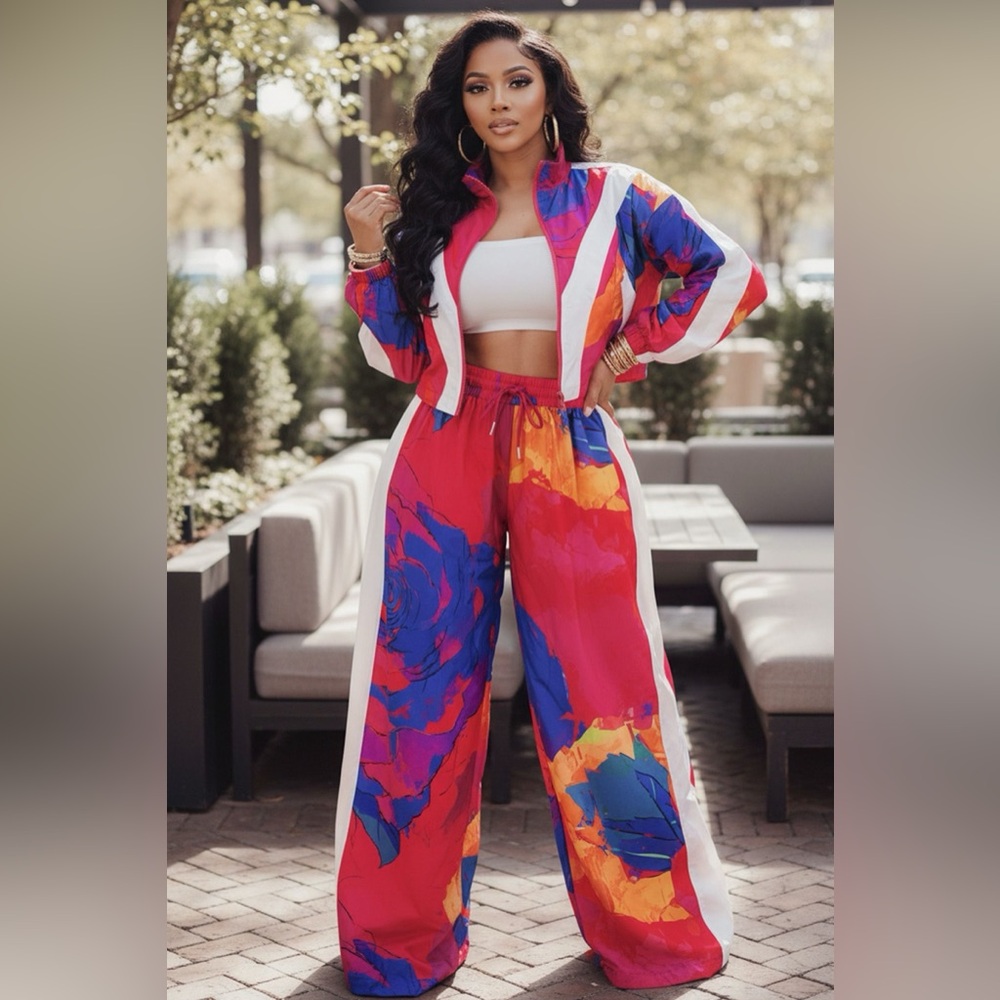 Colorful Wide Leg Pants & Crop Jacket Set
